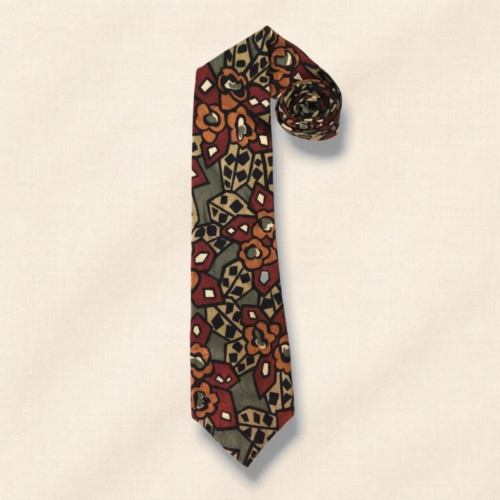 Chez Roffe Vintage 90s Necktie Abstract Floral Geometric Rust Olive Tan Wide OS